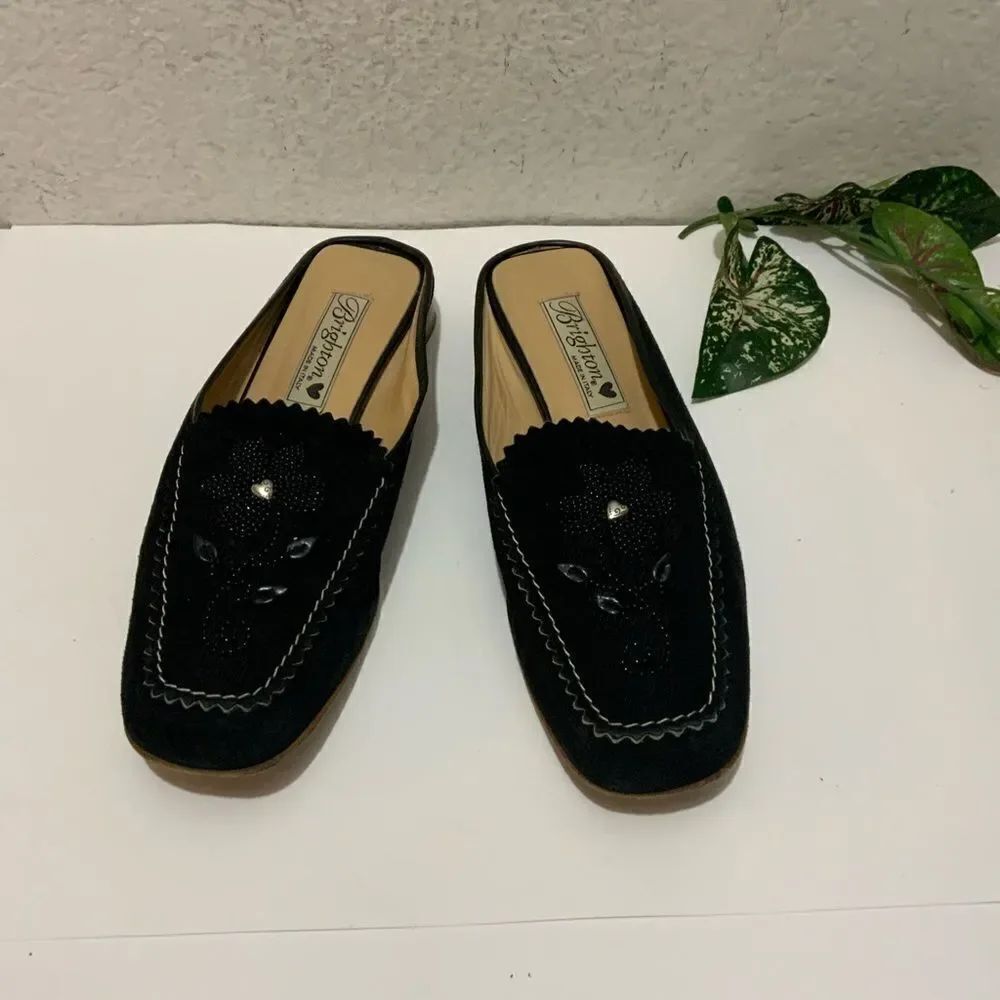 Brighton Beaded Black Mule Suede Flats "Melani" Daisy Design Italian